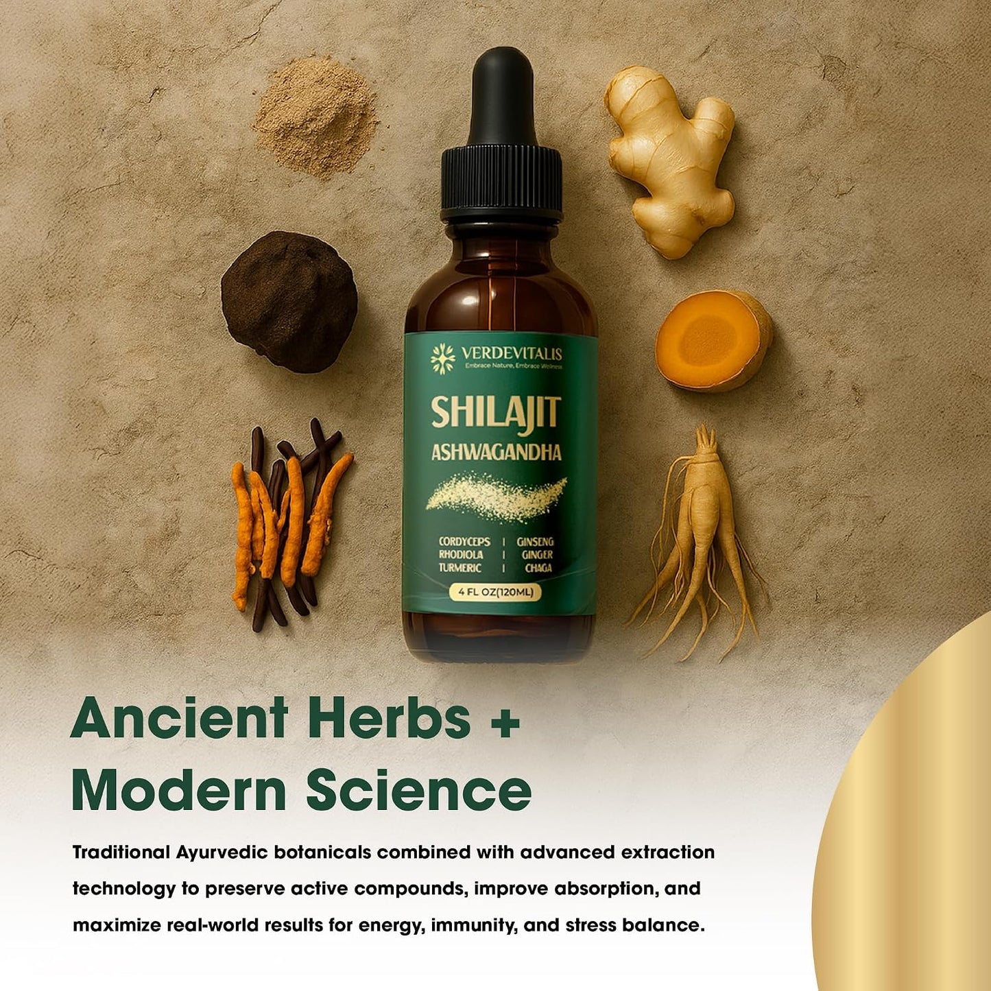 Shilajit Liquid Drops – Pure Shilajit Extract with Ashwagandha for Men & Women, Energy, Stamina & Vitality, Adaptogen Herbal Blend with Cordyceps, Rhodiola & Chaga – 4 fl oz
