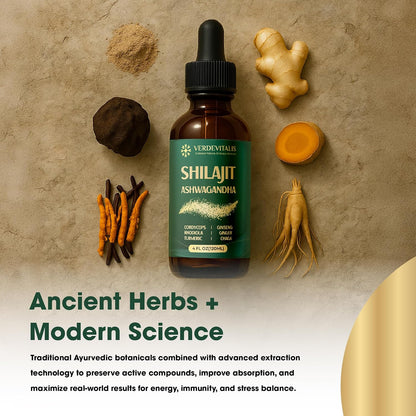 Shilajit Liquid Drops – Pure Shilajit Extract with Ashwagandha for Men & Women, Energy, Stamina & Vitality, Adaptogen Herbal Blend with Cordyceps, Rhodiola & Chaga – 4 fl oz