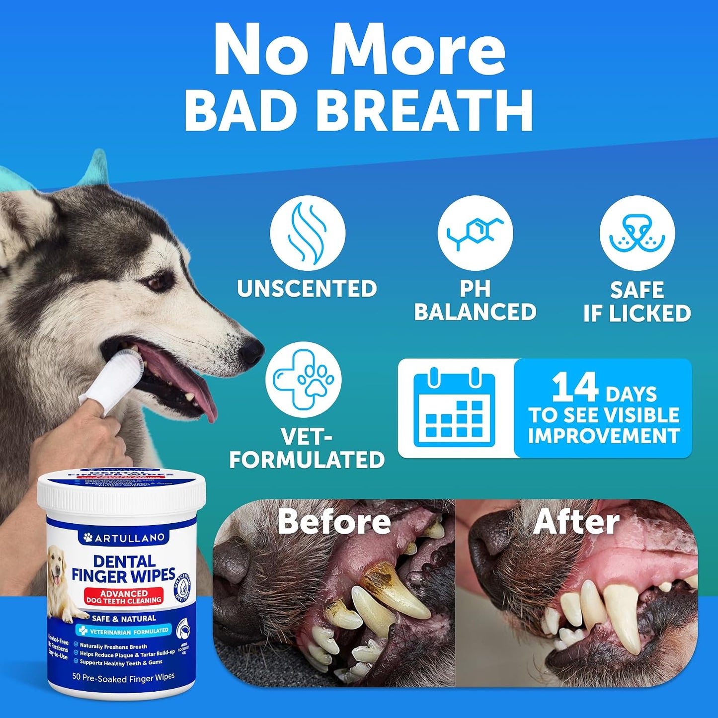 Dog Teeth Cleaning Wipes - 50 Dog Dental Care Finger Wipes - Finger Toothbrush for Removing Plaque, Tartar Buildup, Bad Breath - Oral Freshness, Healthy Teeth & Gum Support with Coconut Oil, Unscented