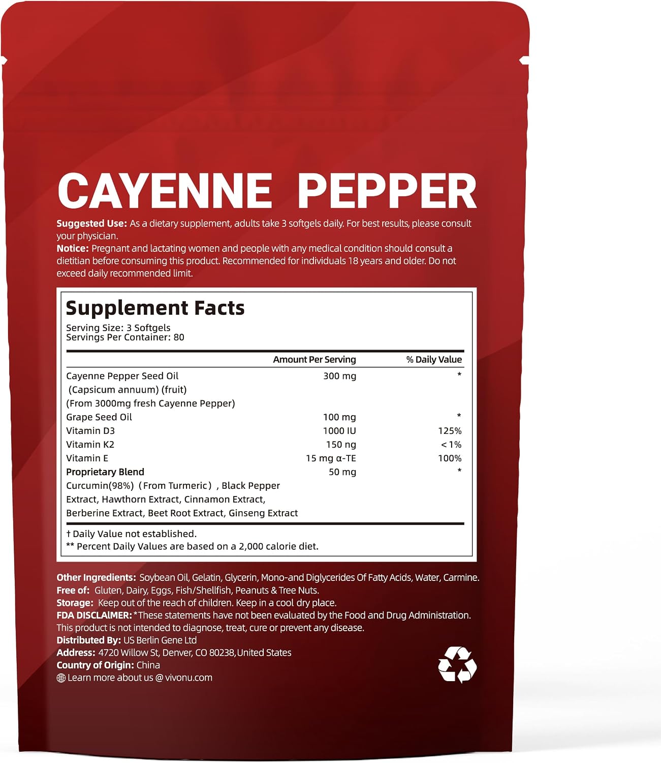 Cayenne Pepper Softgels Supplement, Supports Leg Vein, Heart and Blood Vessel Health, with Vitamin E D3+K2 and Extracts of Grape Seed, Hawthorn, Beetroot, Berberine and Others (Softgels / 2 Bag)