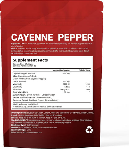 Cayenne Pepper Softgels Supplement, Supports Leg Vein, Heart and Blood Vessel Health, with Vitamin E D3+K2 and Extracts of Grape Seed, Hawthorn, Beetroot, Berberine and Others (Softgels / 2 Bag)