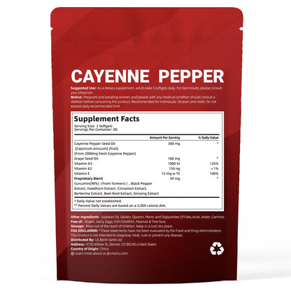 VivoNu Cayenne Pepper Softgels Supplement, Supports Leg Vein, Heart and Blood Vessel Health, with Vitamin E D3+K2 and Extracts of Grape Seed, Hawthorn, Beetroot, Berberine (Softgel / 1 Bag)