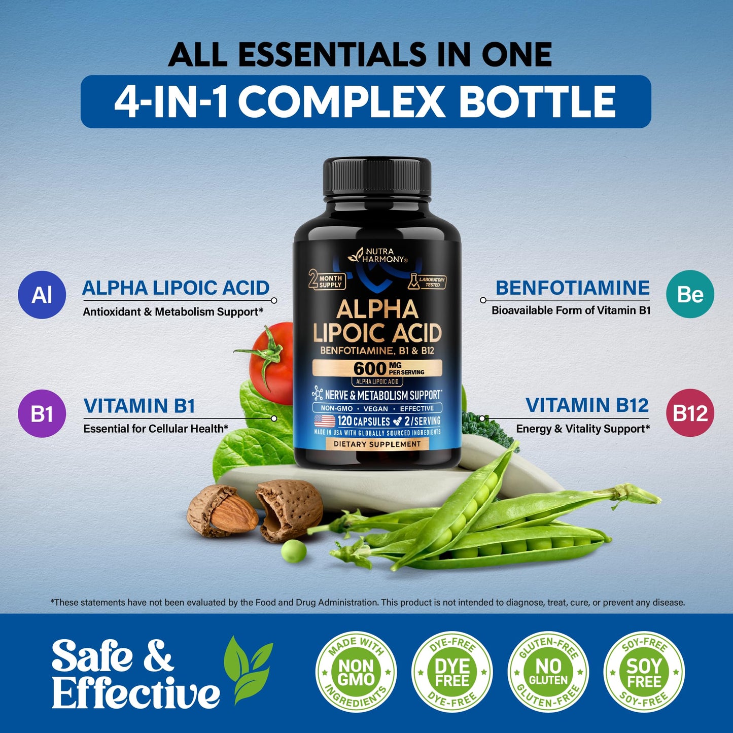 Alpha Lipoic Acid 600mg - ALA Supplement Antioxidant for Nerve, Energy & Metabolism Support - Extra Strength with Benfotiamine, B1 & B12 - Lab Tested, NON-GMO & Vegan - 120 Capsules, 2 Month Supply