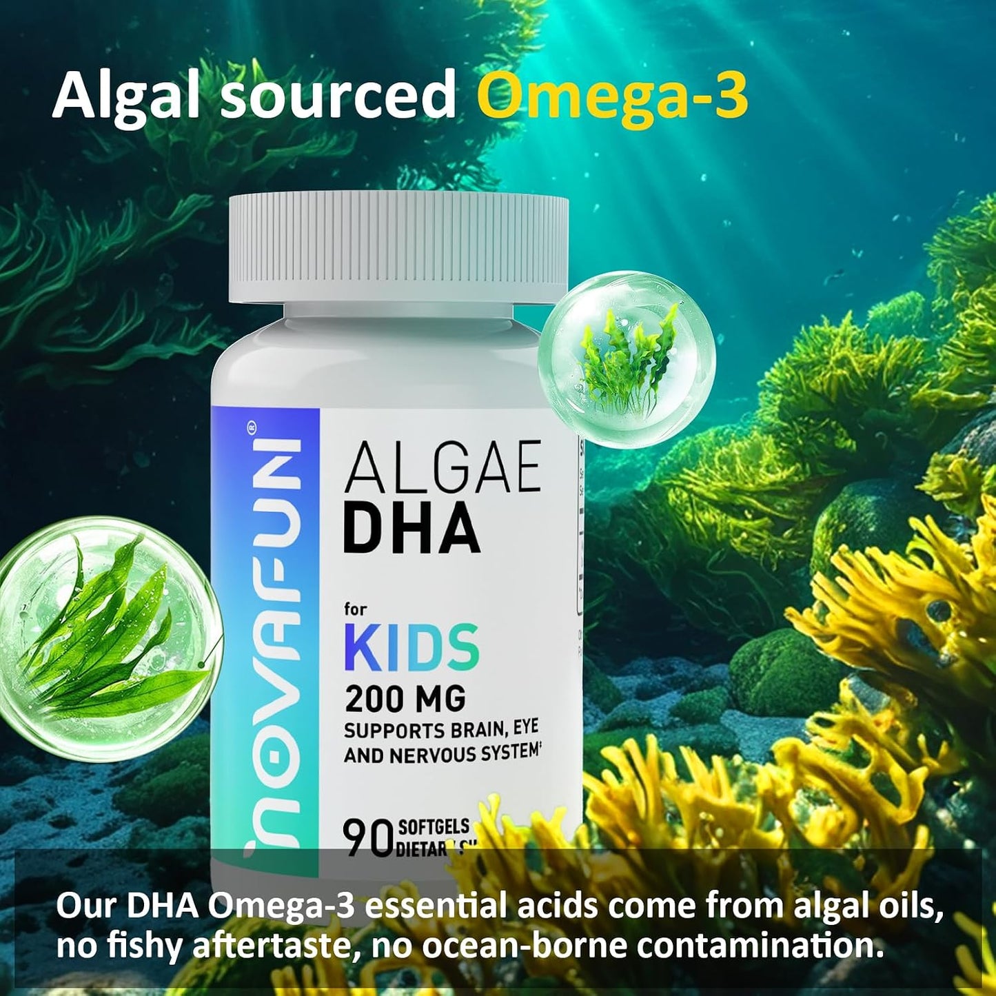 Algal Sourced Omega-3 & DHA Softgels for Kids, Brain, Eye and Heart Health, Cognitive & Immune Function, Learning, Social Development - Non-GMO - 200 mg - 45 Day Supply - 90 ct