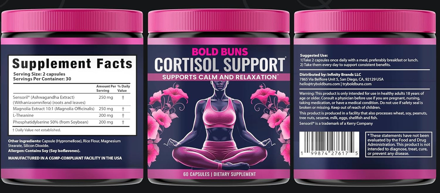 Bold Buns Cortisol Supplements for Women - Cortisol Support Stress & Mood Balance Supplement with Sensoril® Ashwagandha, Magnolia Bark, L-Theanine - Supports Calm, Focus & Sleep (60 Vegan Capsules)