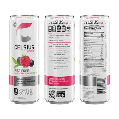 CELSIUS Raspberry Acai Green Tea, Functional Essential Energy Drink 12 Fl Oz (Pack of 12) Packaging may vary