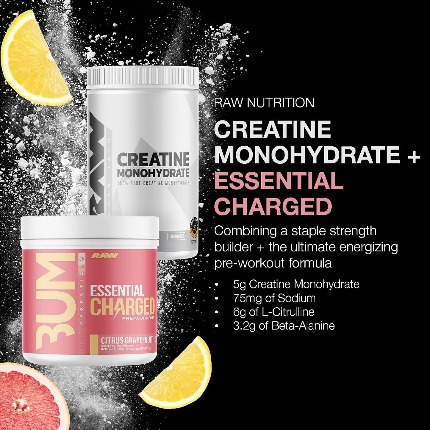 RAW Nutrition Creatine Monohydrate & Citrus Grapefruit Pre-Workout Powder Bundle
