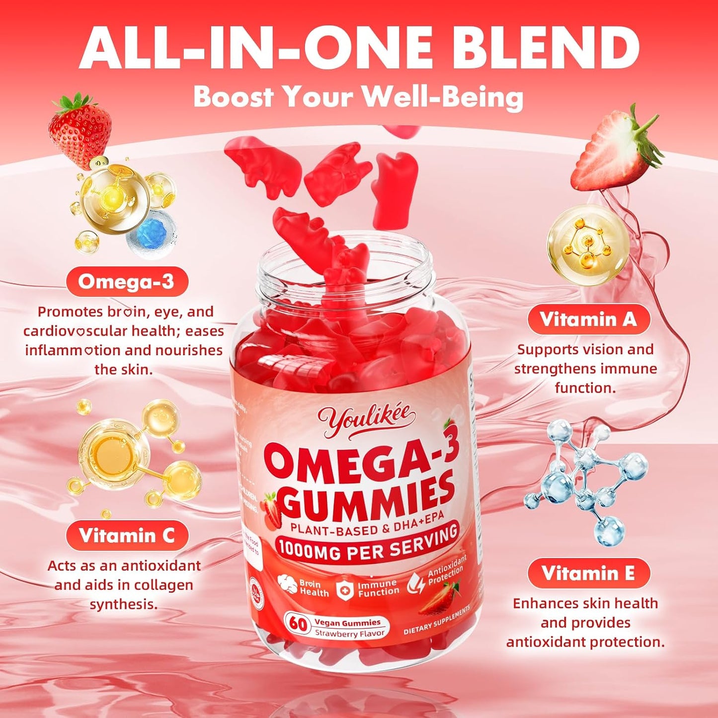 Vegan Omega-3 Gummies, Strawberry Flavor, 60 Count