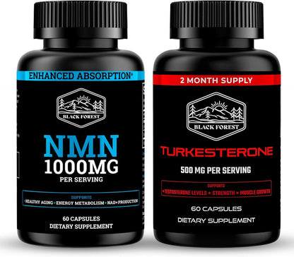 Black Forest NMN 1000mg NAD Support Supplement and Turkesterone 500mg Strength Performance Bundle with BioPerine Enhanced Absorption
