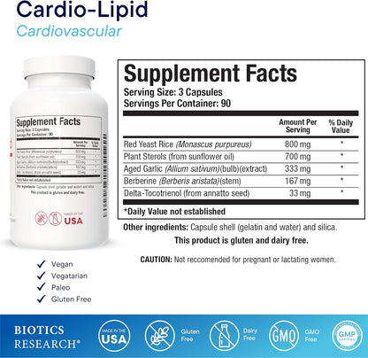 BIOTICS RESEARCH Cardio-Lipid™ - Professional-Grade Cardiovascular Support Formula - Featuring Red Yeast Rice, Phytosterols, Berberine, Garlic & Delta-Tocopherol - Formulated with Mark Houston, MD