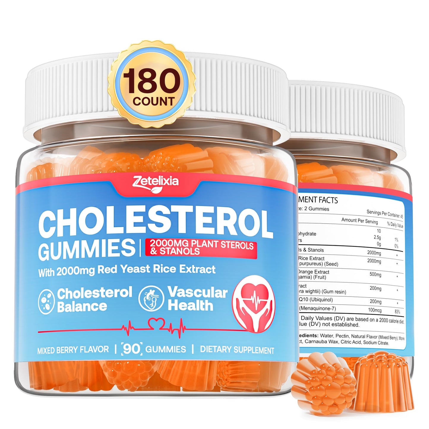 Cholesterol Lowering Supplements Gummies, Cholesterol Gummies with Plant Sterols & Stanols, Red Yeast Rice, Lower Cholesterol Naturally – Vegan, Non-GMO, Mixed Berry Flavor, 90Ct