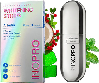 InoPro Teeth Whitening Strips 14 Treatments Kit + Foam Mouthwash with Nano-Hydroxyapatite, Xylitol, Hyaluronic Acid, Vinamin C - Spearmint
