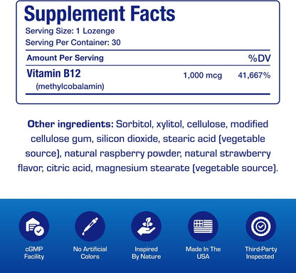 Vitamin B12 Methylcobalamin 1000 mcg - Clinical Formula Methyl B12 Sublingual 1000 mcg Tasty Lozenges for Energy Eye Nerve and Brain Support for Men and Women - 30 Count (Berry Flavor)