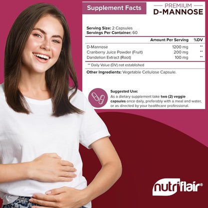 NutriFlair D-Mannose 120 Capsules, 1500mg - with Cranberry and Dandelion Extract - Natural Urinary Tract Health UTI Support - Best D Mannose Powder - Flush Impurities, Detox Body, for Women and Men