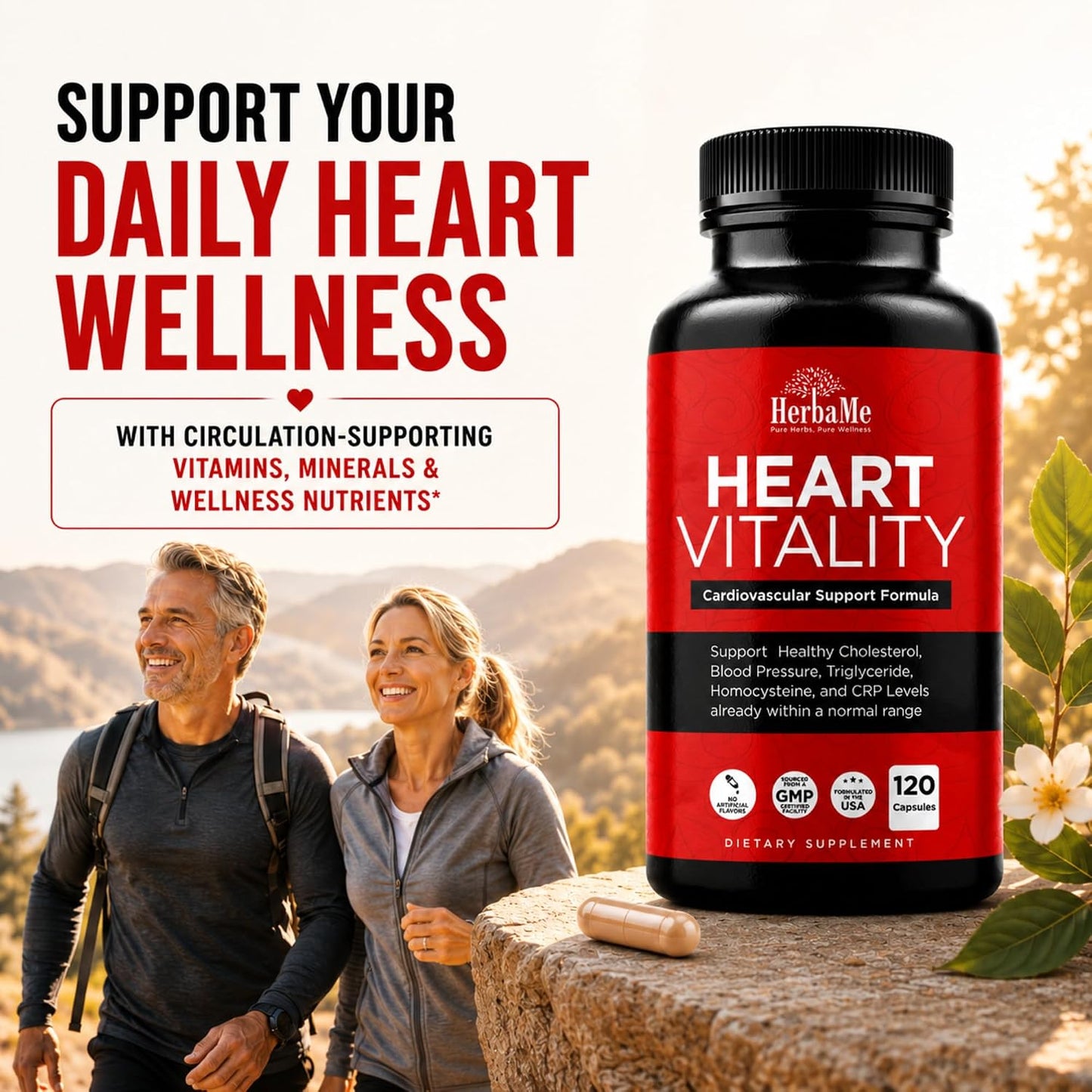 HerbaMe Heart Support Supplement for Men & Women, Daily Heart Wellness & Circulation Support, Supports Cardiovascular Wellness & Vascular Function with L-Arginine, Citrulline & CoQ10, 120 Capsules