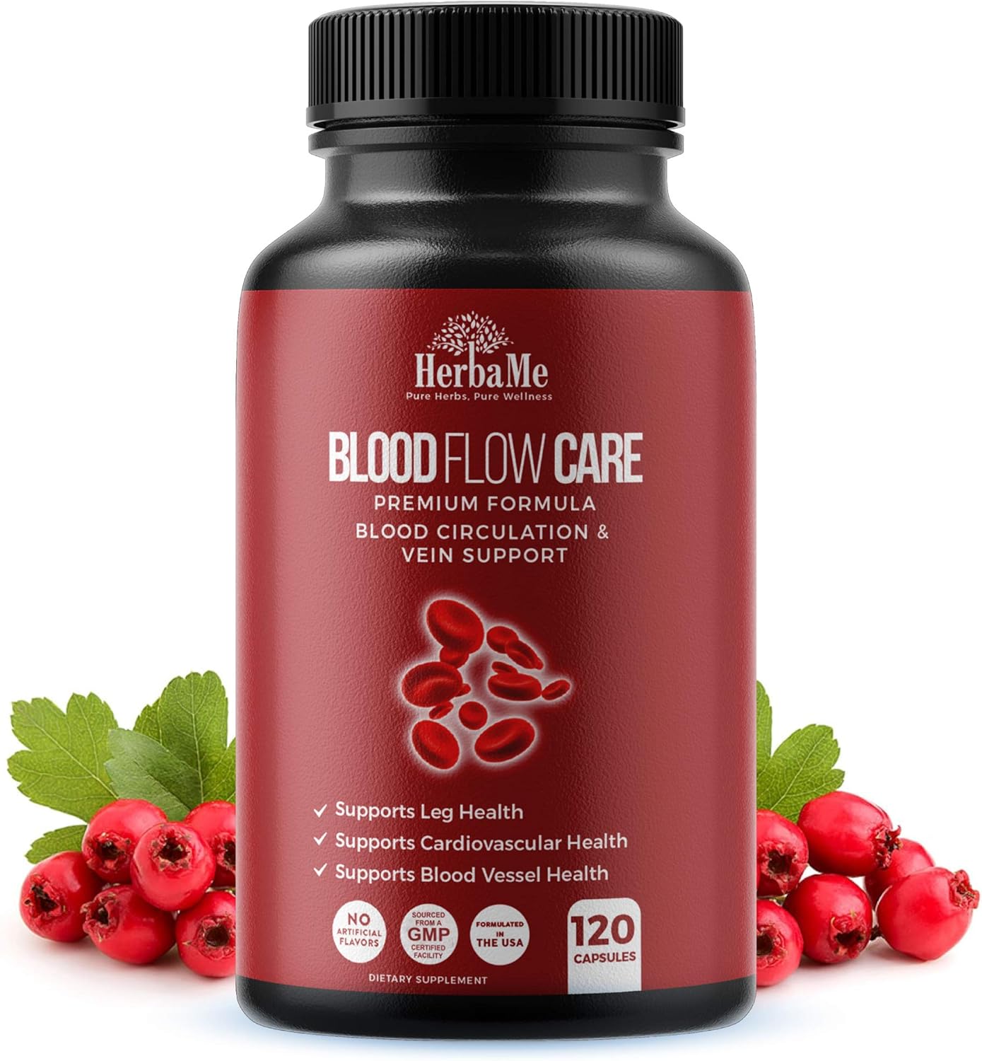 HerbaMe Blood Circulation Supplement, 120 Capsules, Supports Healthy Blood Flow & Leg Vein Wellness with Niacin, L-Arginine, Hawthorn, Ginger, Cayenne, Diosmin & Horse Chestnut