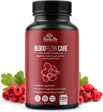 HerbaMe Blood Circulation Supplement, 120 Capsules, Supports Healthy Blood Flow & Leg Vein Wellness with Niacin, L-Arginine, Hawthorn, Ginger, Cayenne, Diosmin & Horse Chestnut