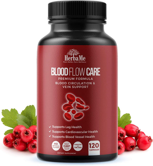 HerbaMe Blood Circulation Supplement, 120 Capsules, Supports Healthy Blood Flow & Leg Vein Wellness with Niacin, L-Arginine, Hawthorn, Ginger, Cayenne, Diosmin & Horse Chestnut