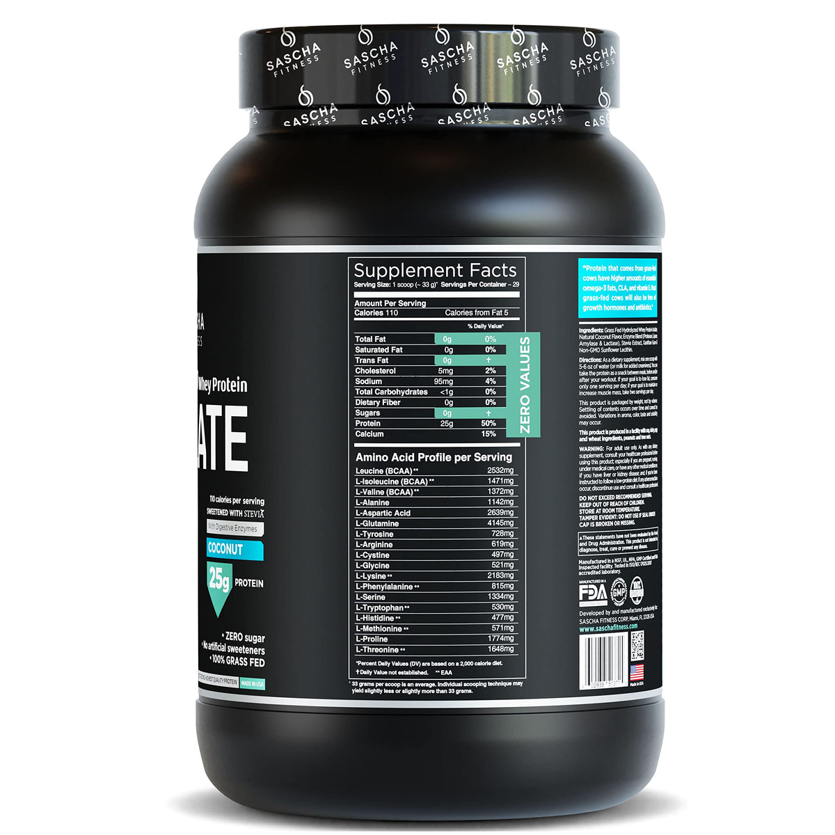 SASCHA FITNESS Hydrolyzed Whey Protein Isolate,100% Grass-Fed (2 Pounds, Coconut)