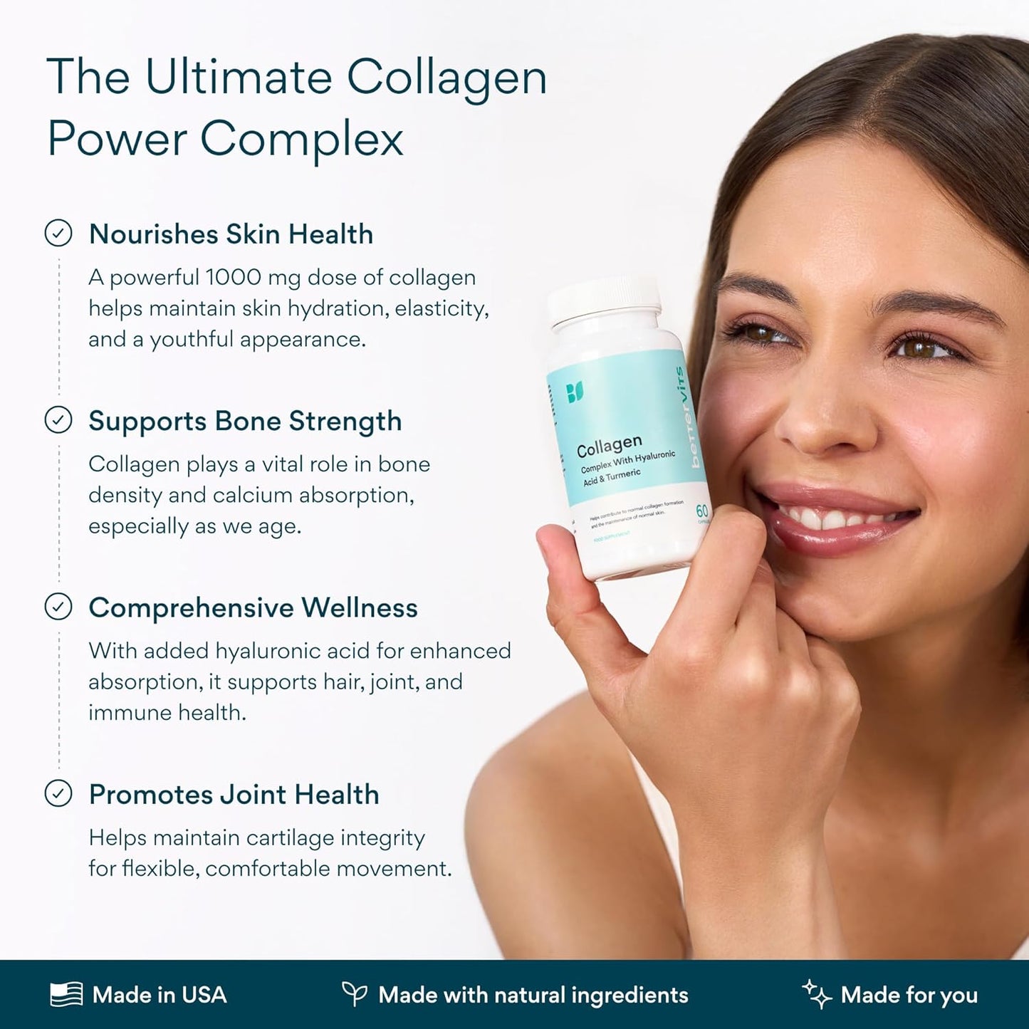 Bettervits Collagen Peptides Complex with Hyaluronic Acid & Turmeric | Hydrolyzed Marine Collagen Supplements for Women & Men | Collagen with Vitamin C for Skin, Hair, Nails & Joints – 60 Capsules
