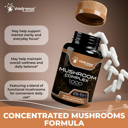 WELLNESS LABSRX Mushroom Supplement Capsules 10:1 Extract, Mushroom Complex Capsules 1000mg, Lions Mane Supplement with Turkey Tail, Cordyceps, Reishi - 120 Count