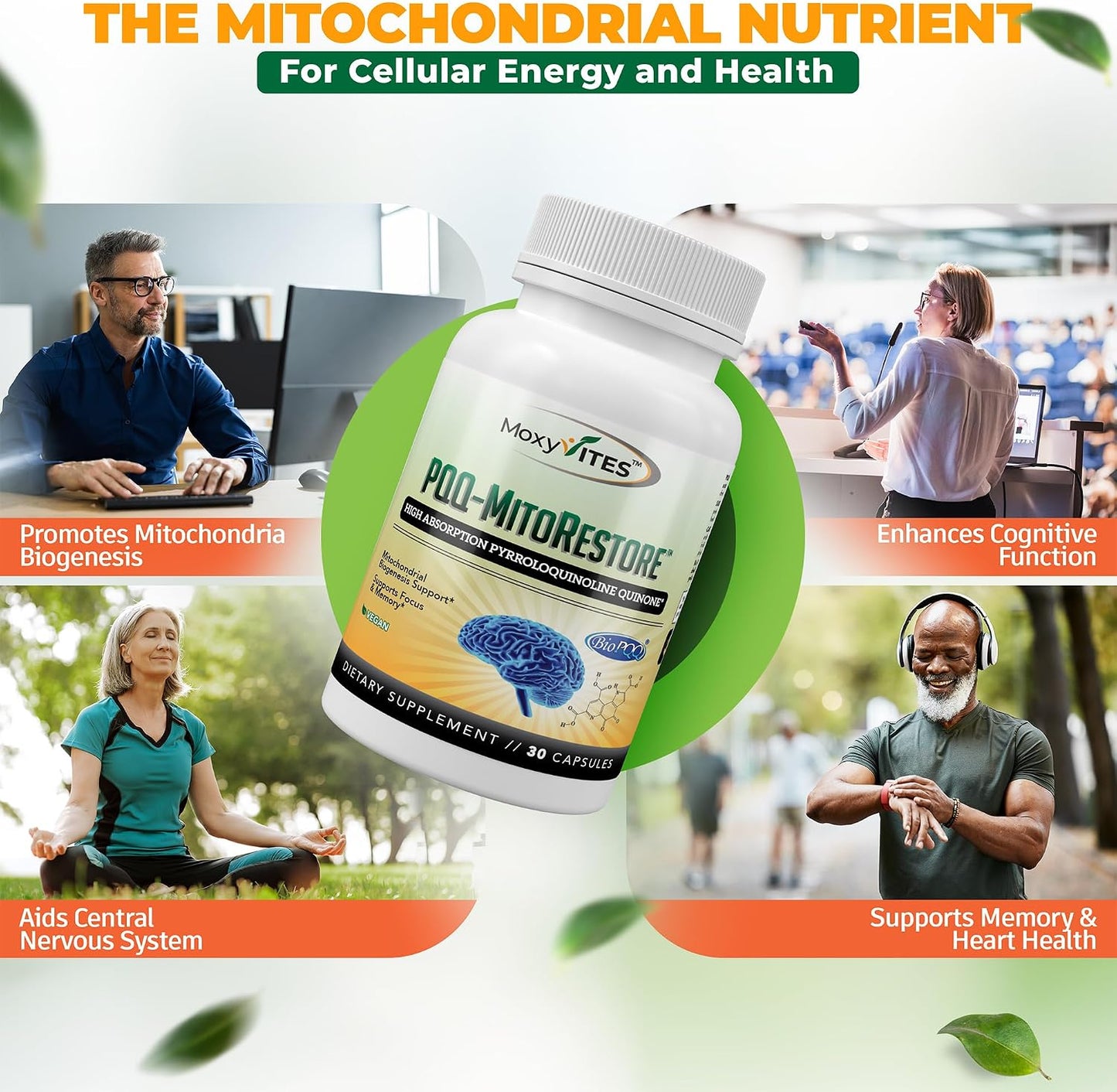 PQQ MITORESTORE Brain Supplements for Memory and Focus - Mitochondria Supplement with BioPQQ 20mg - Purest Form NOT Chemically Synthesized, Cognitive and Heart Support - 30 Vegan Capsules, Non GMO