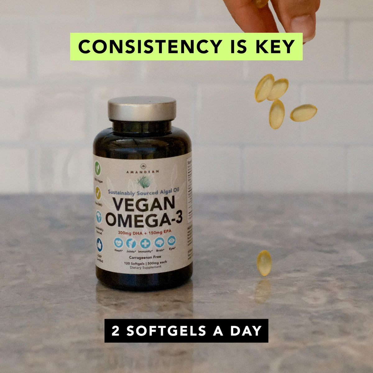 AMANDEAN Vegan Omega-3 Supplement, Algal Oil Algae DHA EPA Softgels, 120ct