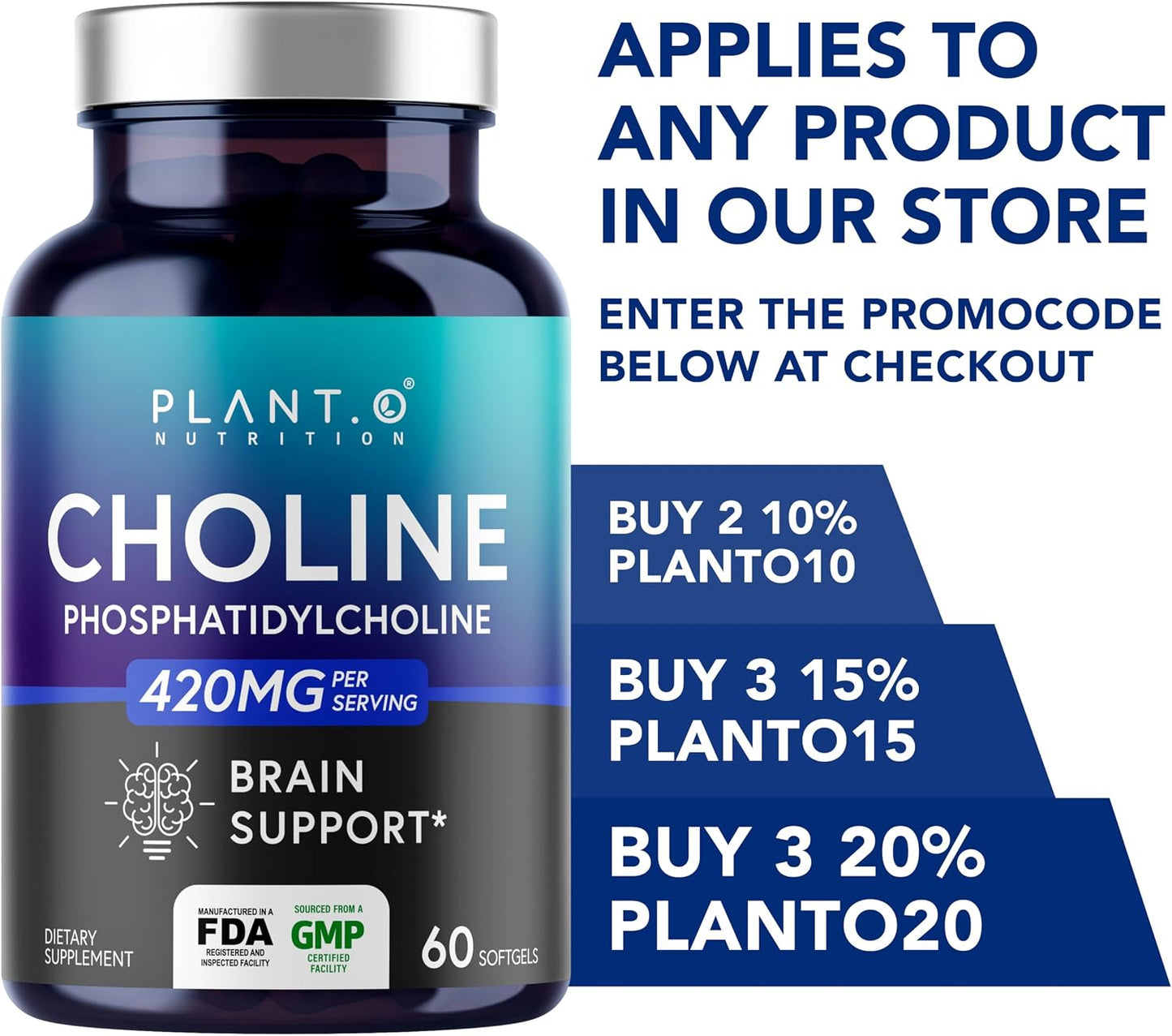 PLANT.O NUTRITION Choline Phosphatidyl Supplement | High Potency 430mg Phospholipid Complex | Promotes Energy, Liver, Brain, & Cognitive Health | 60 Softgels