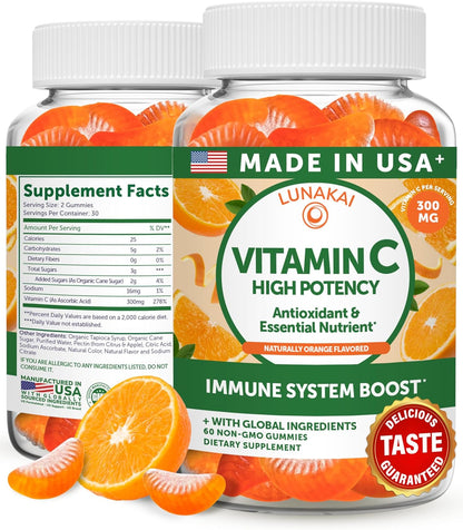 Lunakai USA Made High Potency Vitamin C Gummies for Adults and Kids - 300mg Immune Support - Non-GMO, Vegan, Delicious Orange Flavor, 60ct