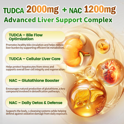 VivoNu TUDCA 625mg + NAC 375mg Supplement Complex Capsules, TUDCA Bile Salt + N Acetyl Cysteine, Antioxidant Supplements for Liver&Lung&Digestion&Gallbladder Cleanse(180 Capsules)