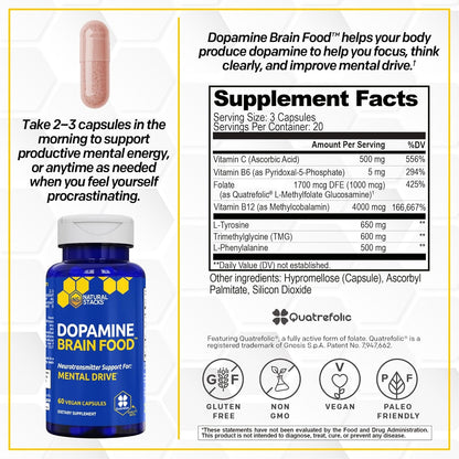 NATURAL STACKS Dopamine Brain Food + Creatine Monohydrate Bundle - Supports Mental Drive & Brain Health* - Advanced Absorption Formula - 180 Total Capsules