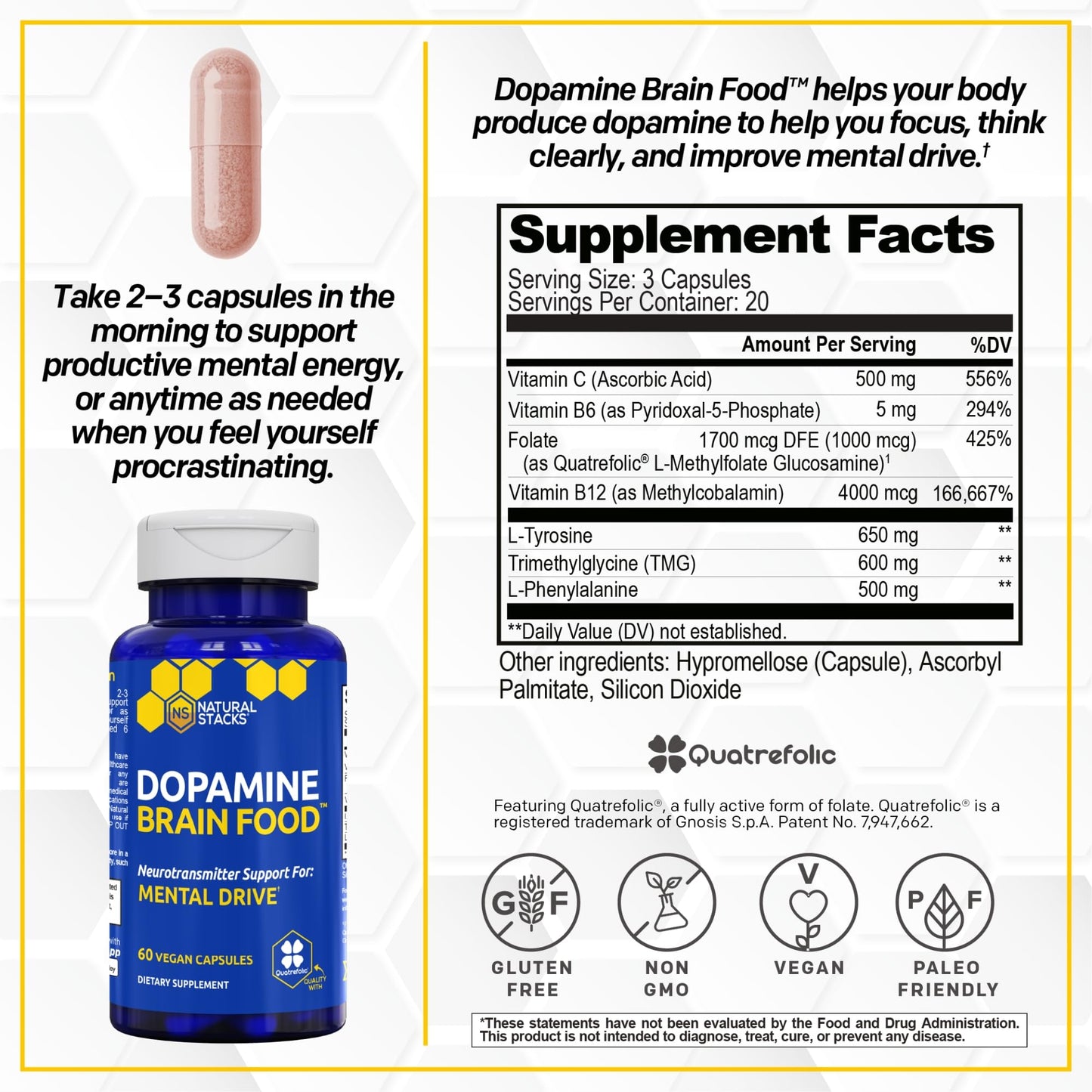 Dopamine Brain Food, Focus & Mental Drive Support with L-Tyrosine, 60 Count | 650mg Tyrosine Supplement with Vitamin B & C - Neurotransmitter Support for Mental Drive & Motivation - Natural Stacks