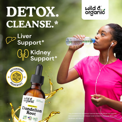 Wild & Organic Dandelion Root Extract Drops - Liver Cleanse Detox - Herbal Dandelion Tincture - Liver Support Supplement - Add to Tea - Vegan, Sugar & Alcohol-Free Liquid Drops - 4 fl oz