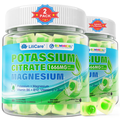 Potassium Citrate 1666mg Gummies + Magnesium Glycinate + Zinc, Potassium Supplement for Adults Women Men, Sugar Free Electrolyte Balance Gummies w/B6, B12 & C for Hydration, Leg Cramps & Energy, 60Cts
