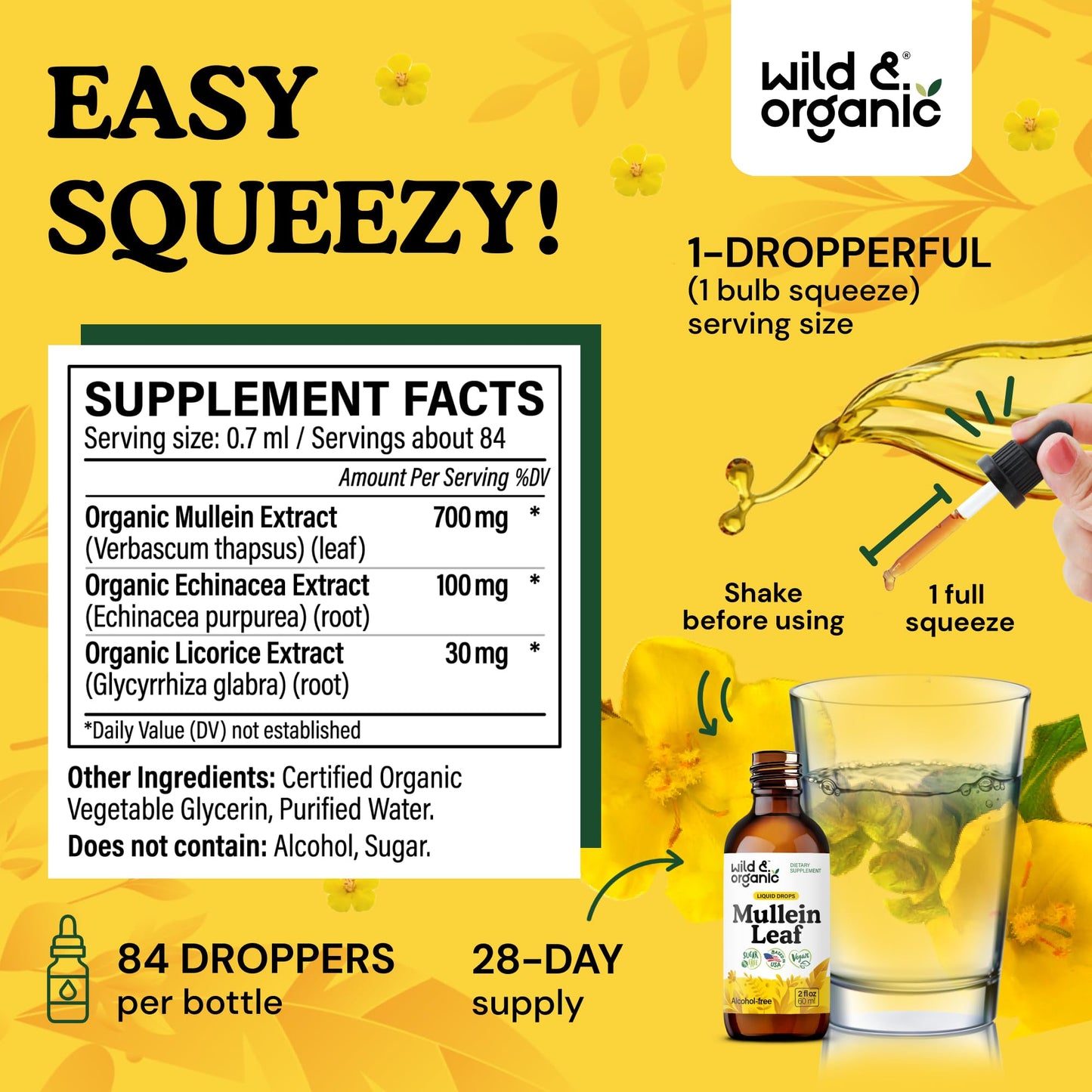 Wild & Organic Mullein Drops for Lungs - Cleanse and Detox - Liquid Mullein Leaf Extract for Lungs with Echinacea - Add to Tea - Verbascum Thapsus Tincture - Sugar & Alcohol-Free Supplement - 4 fl oz