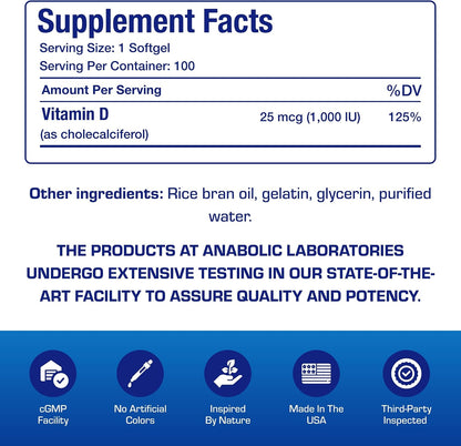 High Absorption Vitamin D3 1000IU - Clinical Formula Adult Vitamin D Supplement for Men and Women for Bone Teeth Muscle Mood and Immune Support - Easy to Swallow VIT D3 25 mcg - 100 Servings