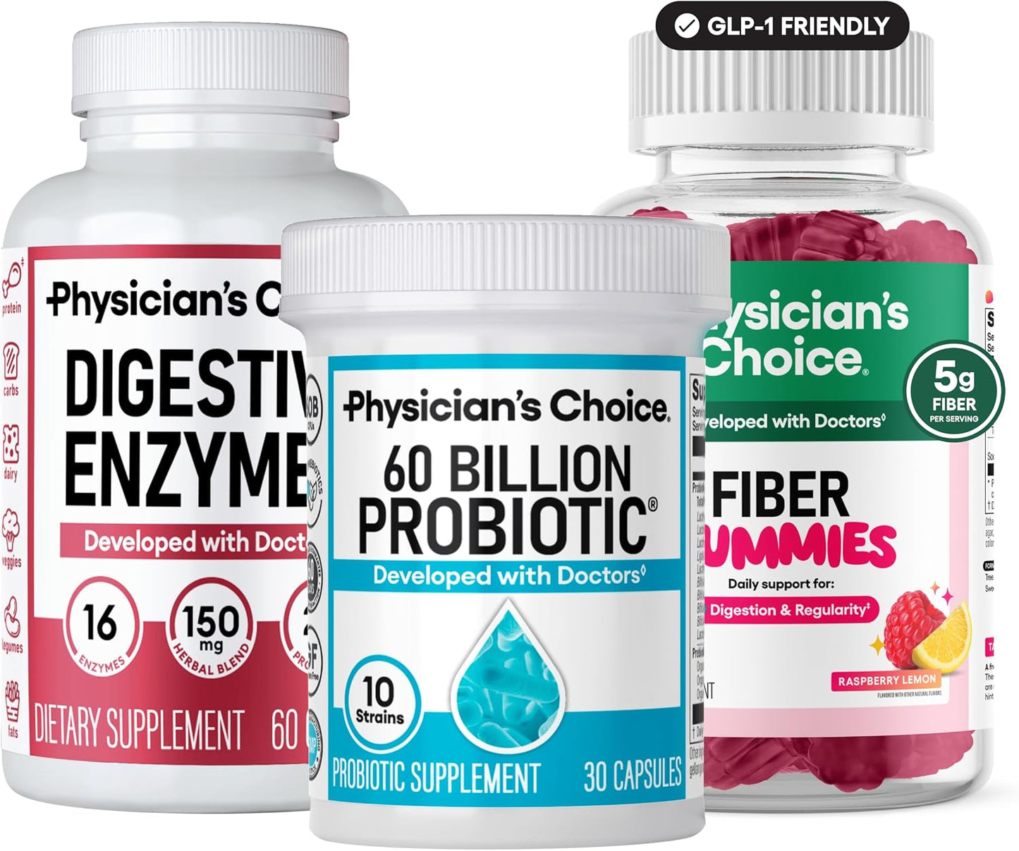 Physician's CHOICE Complete Gut Health Bundle for Bloating, Digestive Health, Immune, & GLP-1 Support - 60 Billion Probiotic 30CT + Digestive Enzymes 60CT + Prebiotic Fiber Gummies 60CT