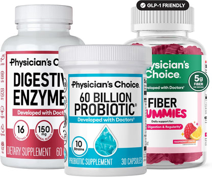 Physician's CHOICE Complete Gut Health Bundle for Bloating, Digestive Health, Immune, & GLP-1 Support - 60 Billion Probiotic 30CT + Digestive Enzymes 60CT + Prebiotic Fiber Gummies 60CT