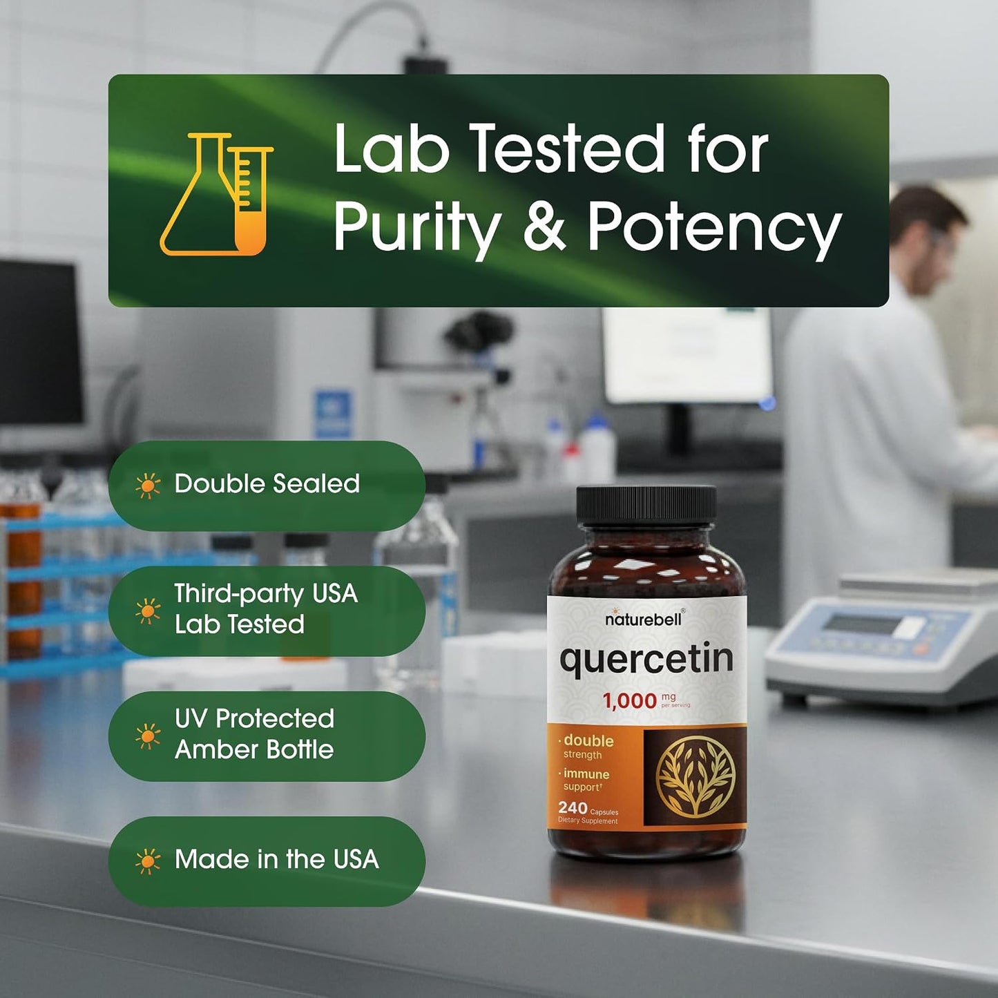 NatureBell Quercetin 1,000mg - 240 Capsules - Ultra Strength Supplement for Healthy Immune Support* - Quercetin Dihydrate from Sophora Japonica - 3rd Party Tested - Single-Ingredient Purity
