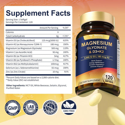 9-in-1 Magnesium Glycinate 500mg + Vitamin D3 5000 IU & K2 Complex - High Absorption - Healthy Stress, Sleep, Muscle Function, Bone Health & Energy Supports | Non-GMO, Gluten-Free 120 Softgels