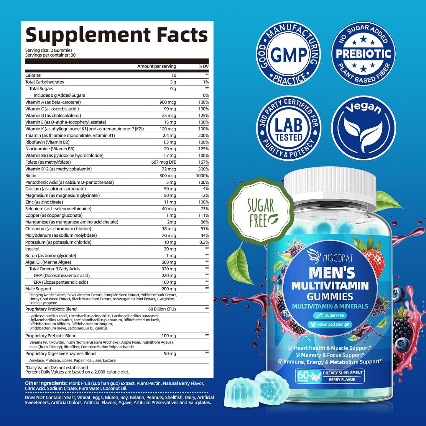 Migcopat Multivitamin for Men, Mens Multivitamins Gummies w/Omega-3, Probiotics, Inositol, Folate, Biotin, Zinc, Vitamins A, C, D, E, B, Support Heart, Brain, Muscle, Energy, Sugar-Free, Berry Flavor