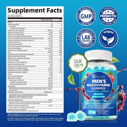Migcopat Multivitamin for Men, Mens Multivitamins Gummies w/Omega-3, Probiotics, Inositol, Folate, Biotin, Zinc, Vitamins A, C, D, E, B, Support Heart, Brain, Muscle, Energy, Sugar-Free, Berry Flavor