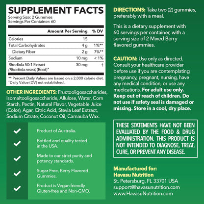 Rhodiola Rosea Gummies, Sugar Free Rhodiola Supplement, 30 Servings | Herbal Adaptogen for Mental Clarity and Performance, 60 Count, Vegan and Gluten-Free, Mixed Berry Flavor, 1-Month Supply
