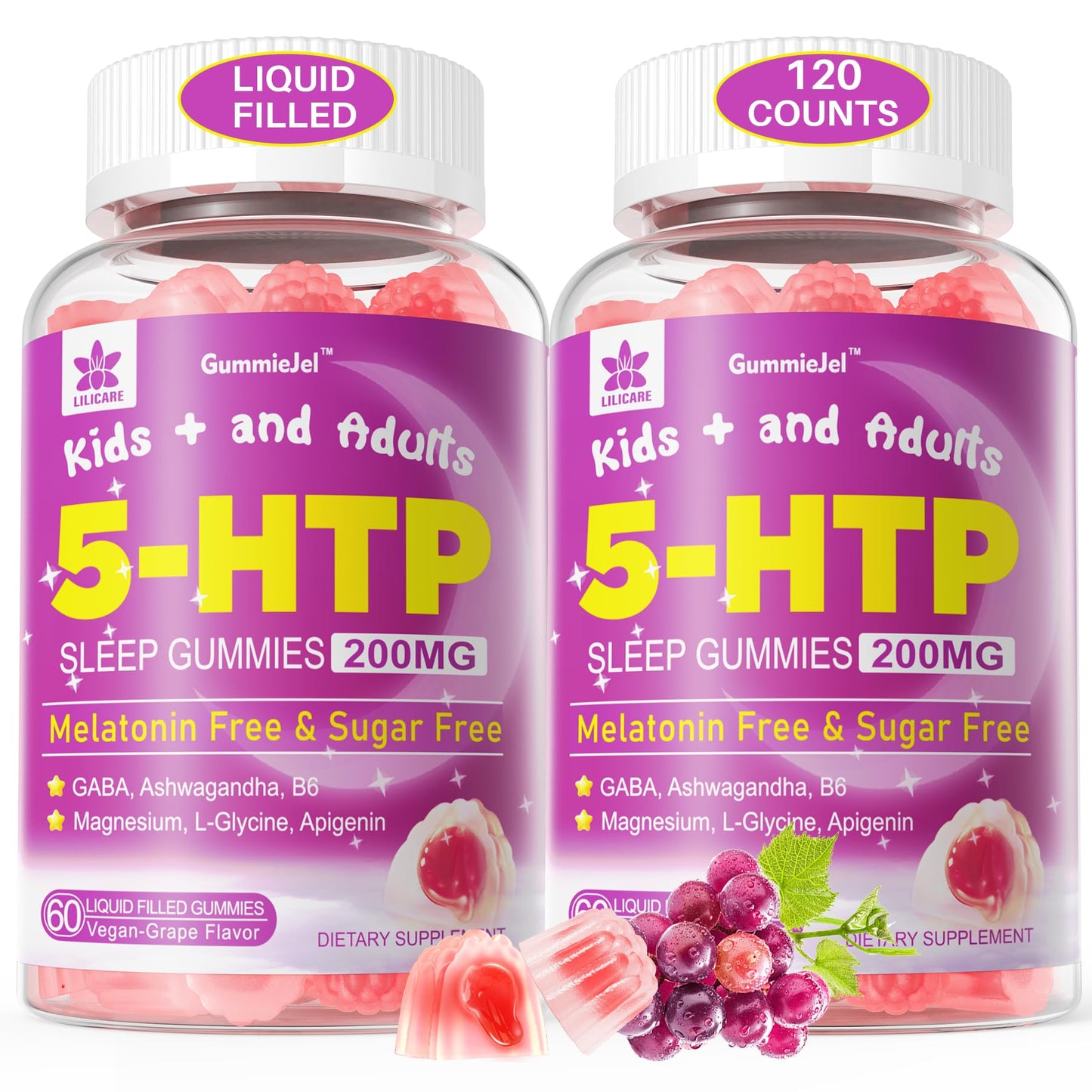 5HTP Gummies for Adults & Kids 8+, Melatonin Free Gummies with Magnesium Glycinate, GABA, L-Glycine, Ashwagandha, Vitamin B6 for Delicious Zzzs, Brain & Muscle Relaxation, 0 Sugar 60 Count (Pack of 1)