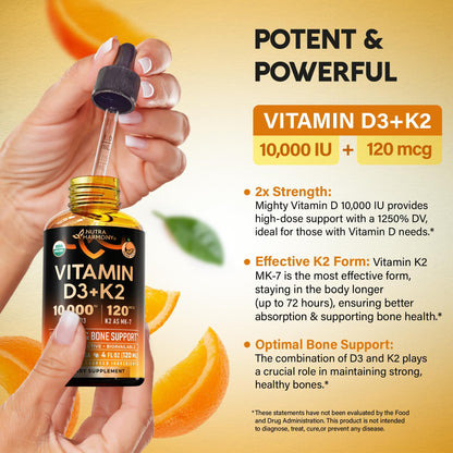 Vitamin D3 K2 USDA Organic Drops - Vitamin D3 10000 IU & K2 as MK-7 120mcg - Immune & Mood Support, Bone & Teeth Health - Sugar-Free, Orange Flavor - Liquid Supplement - 2 FL OZ, 60 Day Supply