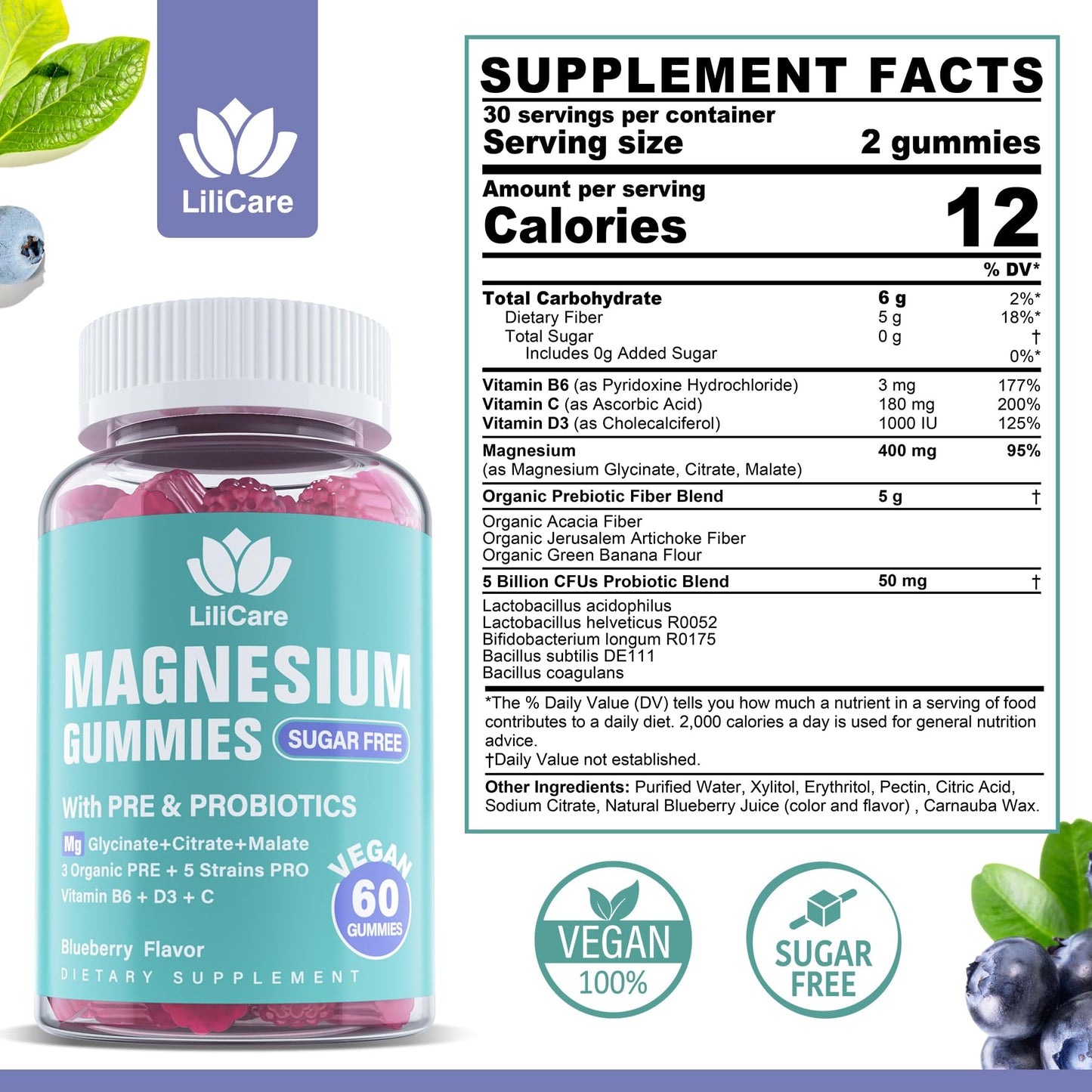 Magnesium Complex Gummies 400 mg for Women Men with Prebiotics and Probiotics, Triple Calm Magnesium Glycinate Malate Citrate Gummy Supplement for Relaxation & Digestive Health-Sugar Free, Vegan 120ct