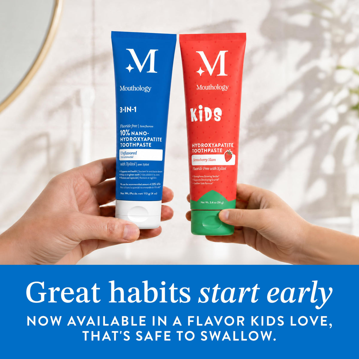 Mouthology 10% Nano Hydroxyapatite Toothpaste Fluoride Free, Whitening*, Rod Shaped nHA, Xylitol Toothpaste for Adults, Enamel Care*, Sensitive Teeth*, SLS Free, Mint 4oz (USA Made) Package May Vary
