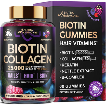 Biotin Gummies with Collagen - Hair Growth Support, Skin, & Nail Strength - for Women & Men - Biotin 10000mcg | Keratin | Hyaluronic Acid | B-Complex | Nettle - Sugar-Free, Mixed Berry, 60 Gummies