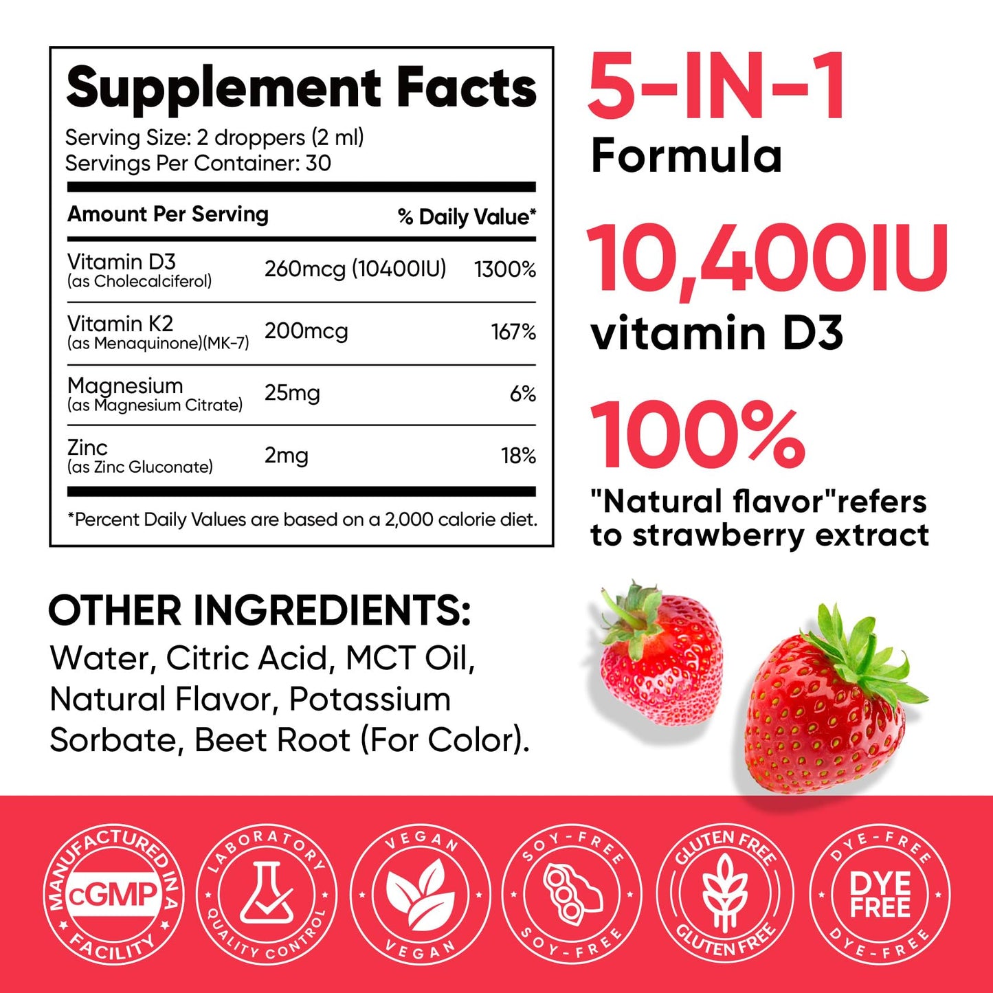 5-in-1 Vitamin D3 K2 Drops, Vitamin D3 10400 IU & K2(MK-7) 200mcg | With Magnesium, MCT Oil, Zinc, Maximum Absorption Vitamin D Liquid for Bone, Mood & Immune - Sugar Free | 2 FL OZ | 60 Days