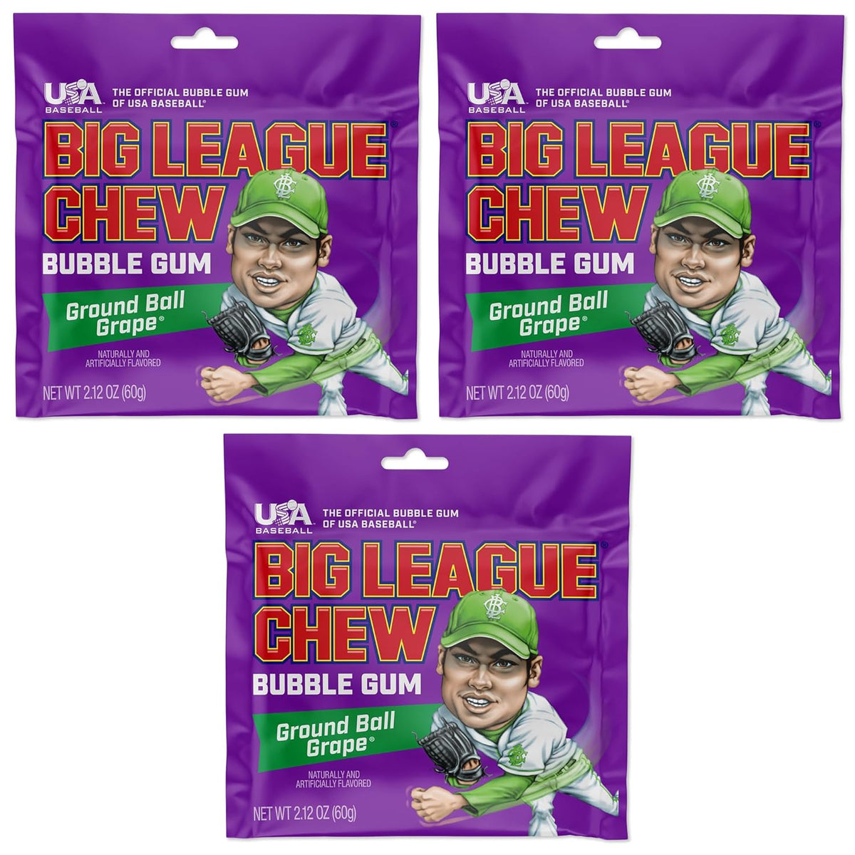 Big League Chew Grape - Chewing Bubble Gum Pack of 3, 2.12 oz